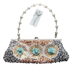 Silver and Gold Sun Fashion Miami Clutch Embellished Floral Accents Fully Beaded